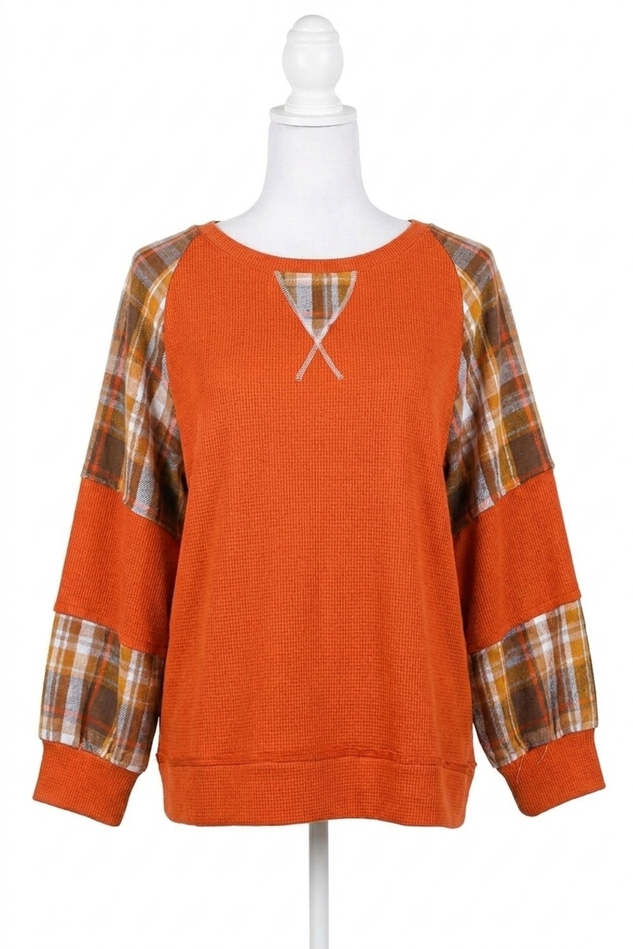 NEW HAPTICS women's thermal knit color block bubble sleeve top in orange